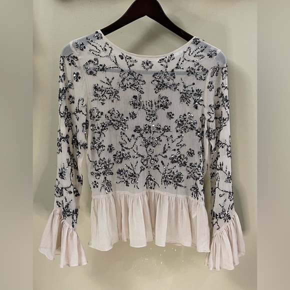 ZARA Embroidered Sequin Top with Ruffle Sleeves Size XS - Picture 4 of 8